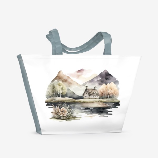 Пляжная сумка «Скандинавский домик в горах у озера»