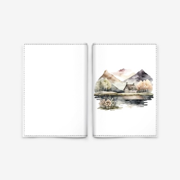 Обложка для паспорта «Скандинавский домик в горах у озера»