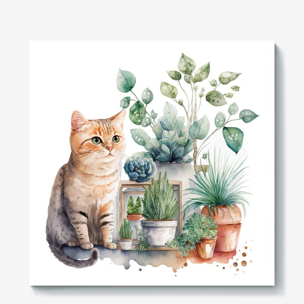 Холст «Кот и комнатные растения»
