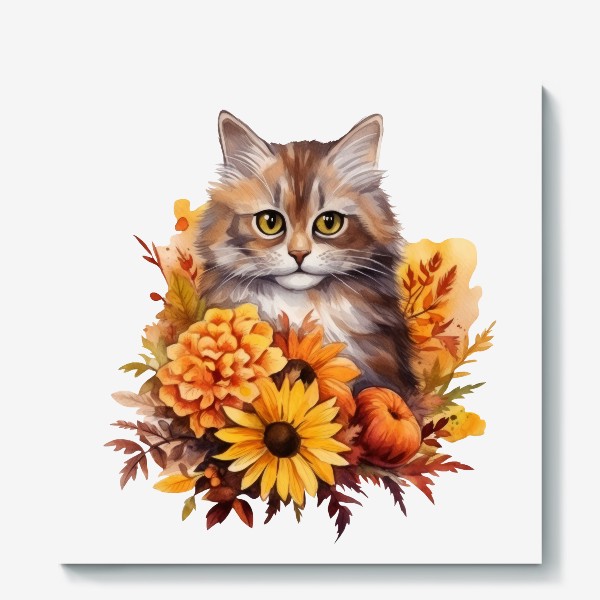 Холст «Котик в цветах. Осенний акварельный принт»