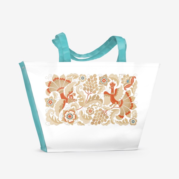 Пляжная сумка «Птицы с виноградом в райском саду. Русский орнамент»