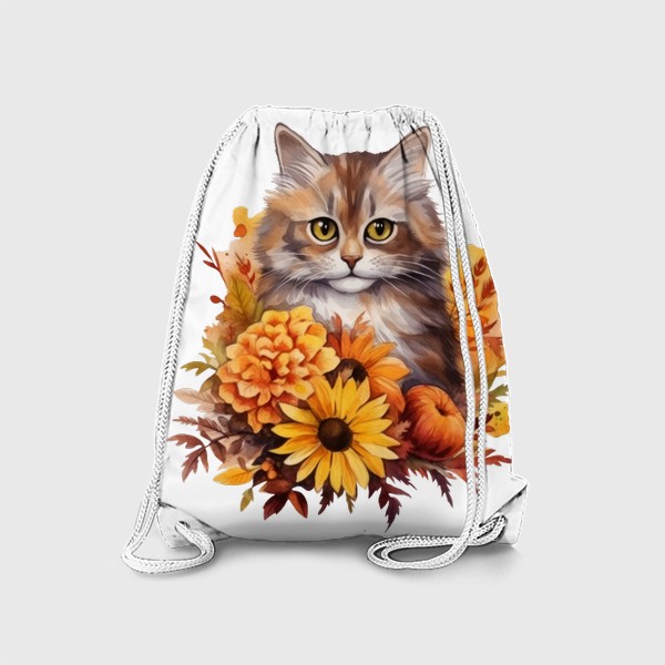 Рюкзак «Котик в цветах. Осенний акварельный принт»