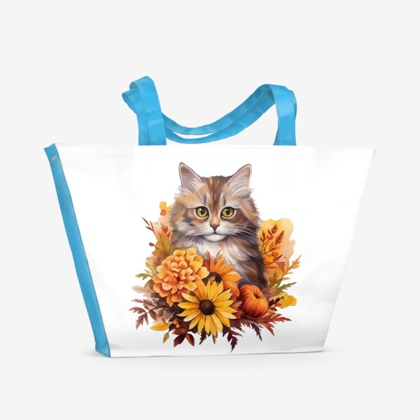 Пляжная сумка «Котик в цветах. Осенний акварельный принт»