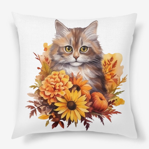 Подушка «Котик в цветах. Осенний акварельный принт»