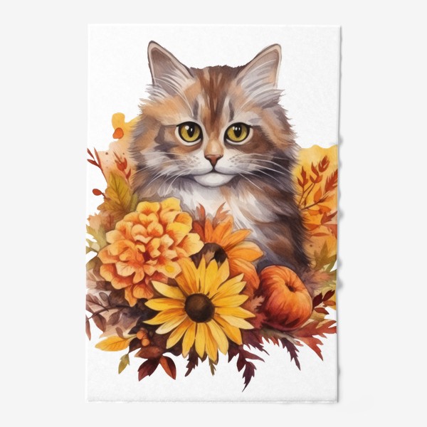 Полотенце «Котик в цветах. Осенний акварельный принт»