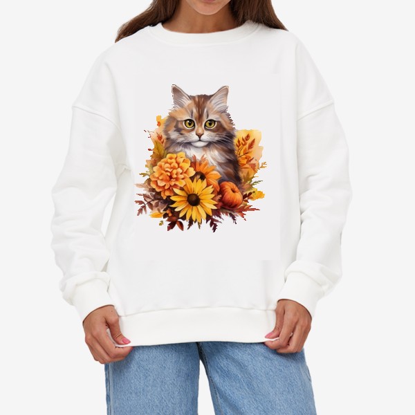 Свитшот «Котик в цветах. Осенний акварельный принт»