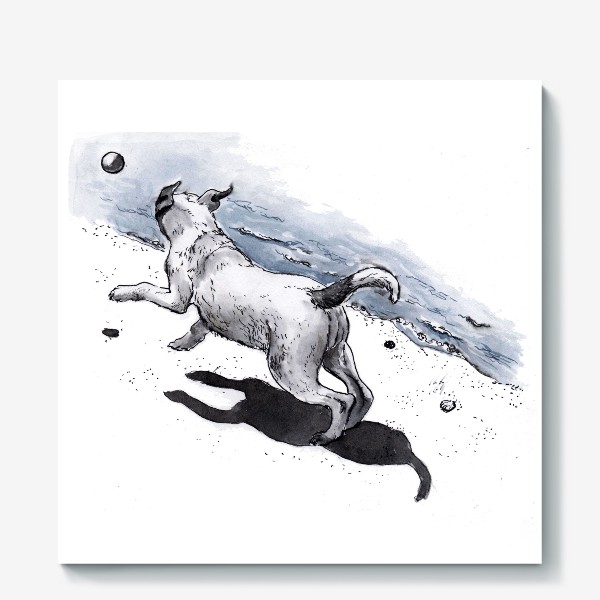 Холст «Щенок собака бежит по пляжу за мячем»