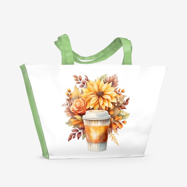 Пляжная сумка «Осенний стаканчик кофе. Акварель»