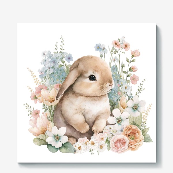 Холст «Кролик и цветы в пастельных тонах»