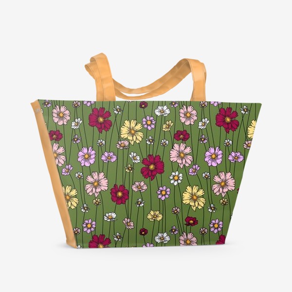 Пляжная сумка «Цветочная поляна, космеи - паттерн»