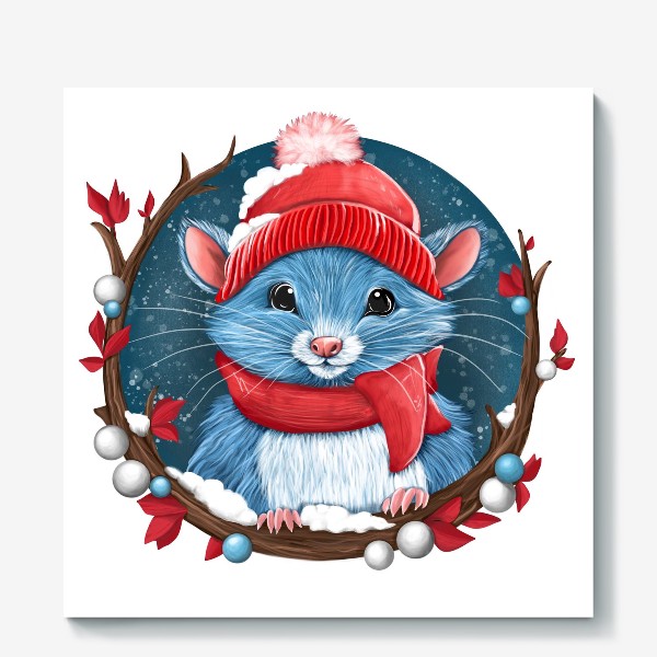 Холст «Зимняя мышка в красной шапке»