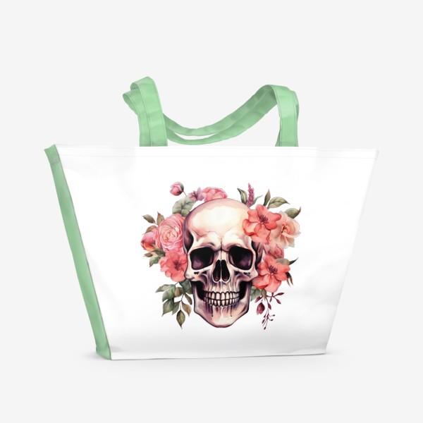 Пляжная сумка «Акварельный цветочный череп. Принт на Хэллоуин»