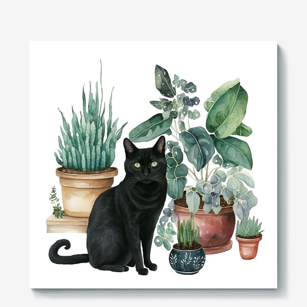 Холст «Черный кот и комнатные цветы»