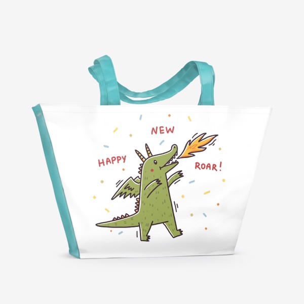 Пляжная сумка «Милый дракон и конфетти. Новый год 2024. Надпись»