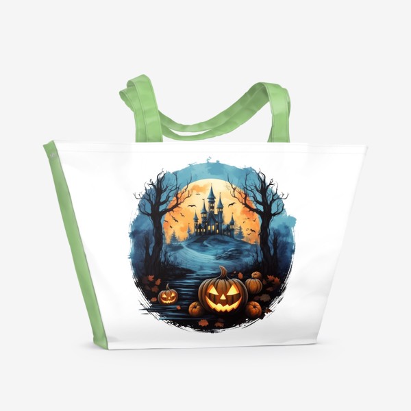 Пляжная сумка «Хэллоуин. Тыква и замок. Акварельный принт»