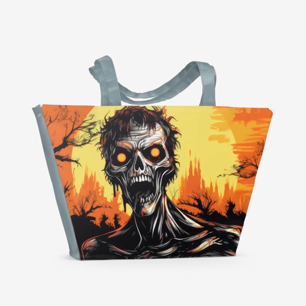 Пляжная сумка «Страшный зомби. Принт к Хэллоуину. Оранжевый фон»