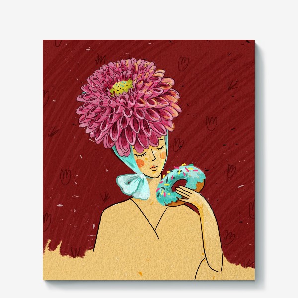 Холст «Девушка в шляпке с георгином с пончиком»