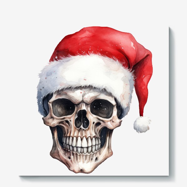 Холст «Новогодний принт череп в шапке Санта Клауса »