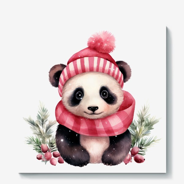 Холст «Новогодний акварельный принт панды в шапке Санта Клауса »