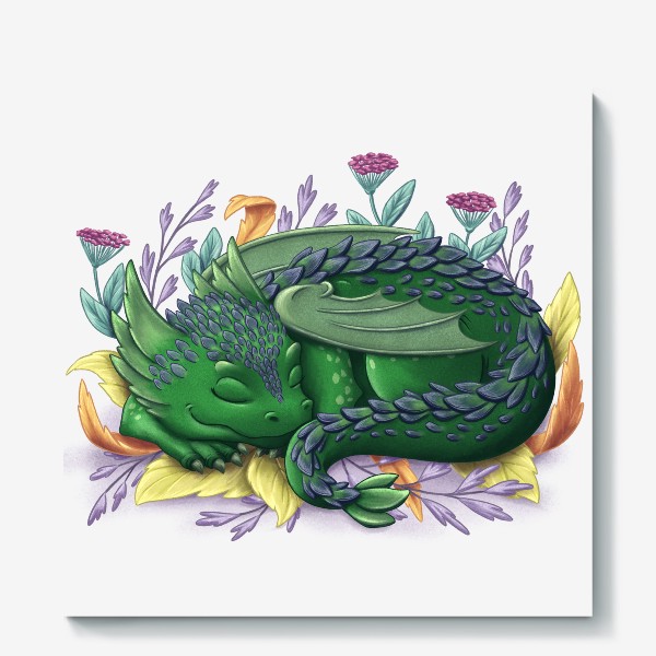 Холст «Зеленый дракон спит в листьях»