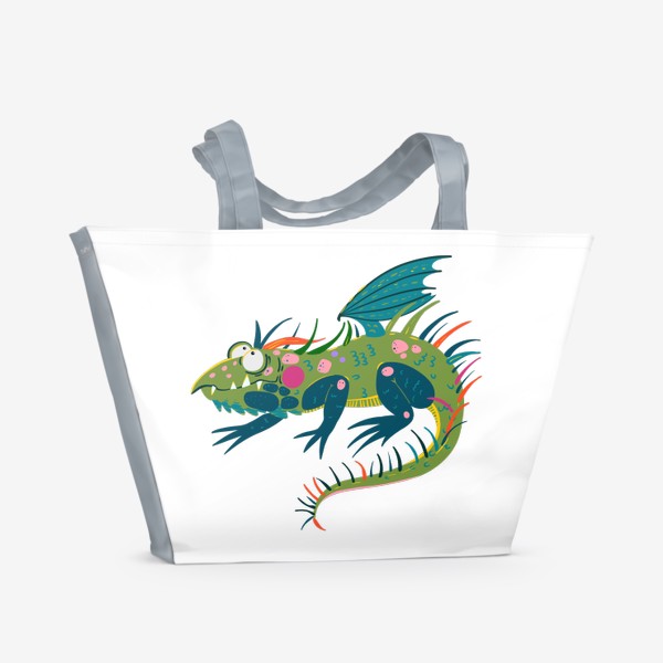 Пляжная сумка «Дракон Горыныч в мультяшном, детском  стиле. Милый летающий змей с крыльями»
