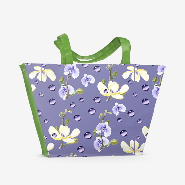 Пляжная сумка «Орхидеи с каплями на серо-сиреневом»