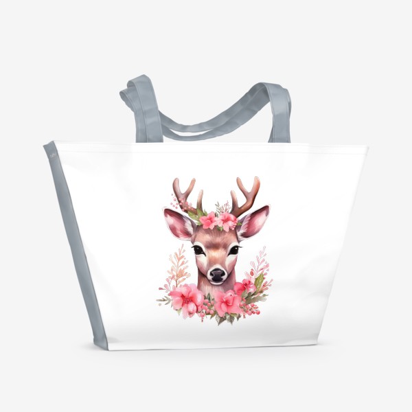 Пляжная сумка «Цветочный детский принт с милым оленем»