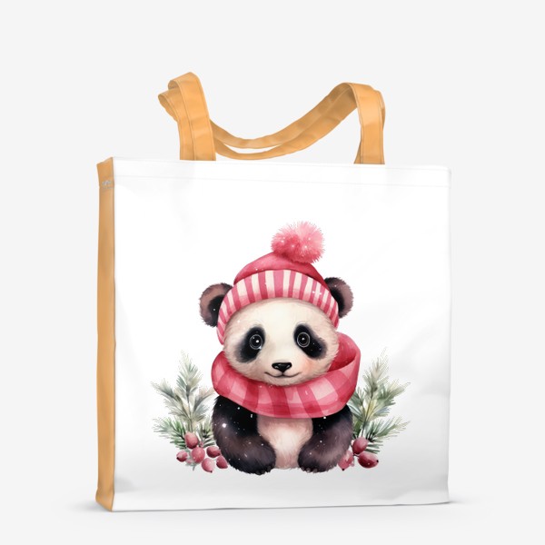 Сумка-шоппер «Новогодний акварельный принт панды в шапке Санта Клауса »
