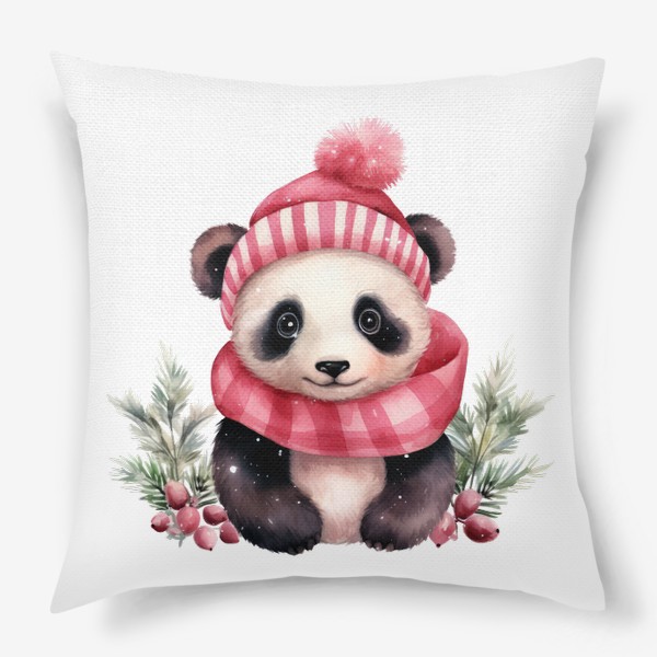 Подушка «Новогодний акварельный принт панды в шапке Санта Клауса »