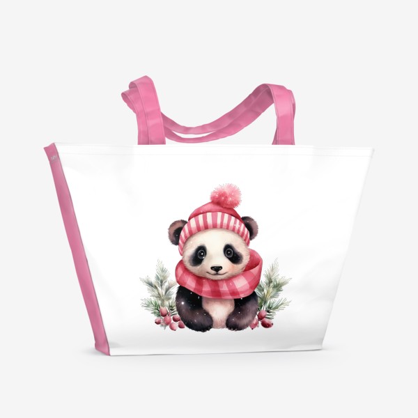 Пляжная сумка &laquo;Новогодний акварельный принт панды в шапке Санта Клауса &raquo;