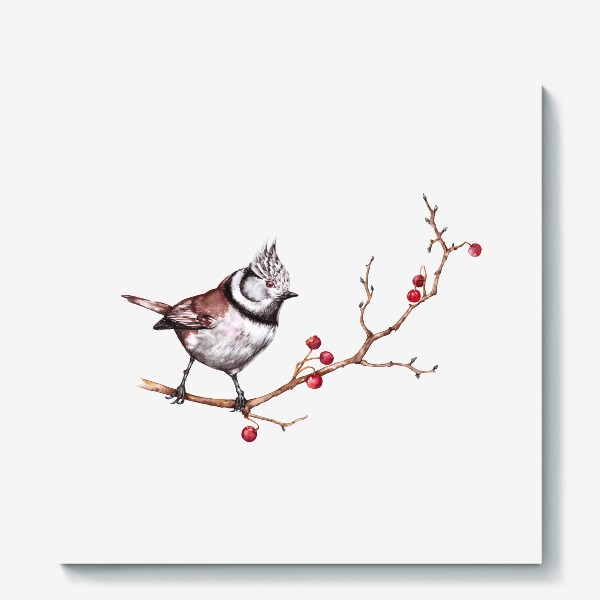 Холст &laquo;Лесная птичка на ветке с красными ягодами Зимний мотив Акварель&raquo;