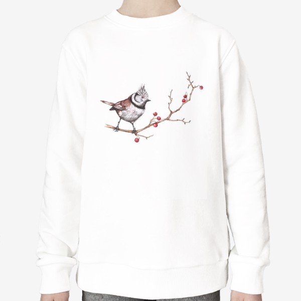 Свитшот «Лесная птичка на ветке с красными ягодами Зимний мотив Акварель»