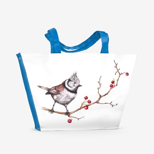 Пляжная сумка &laquo;Лесная птичка на ветке с красными ягодами Зимний мотив Акварель&raquo;