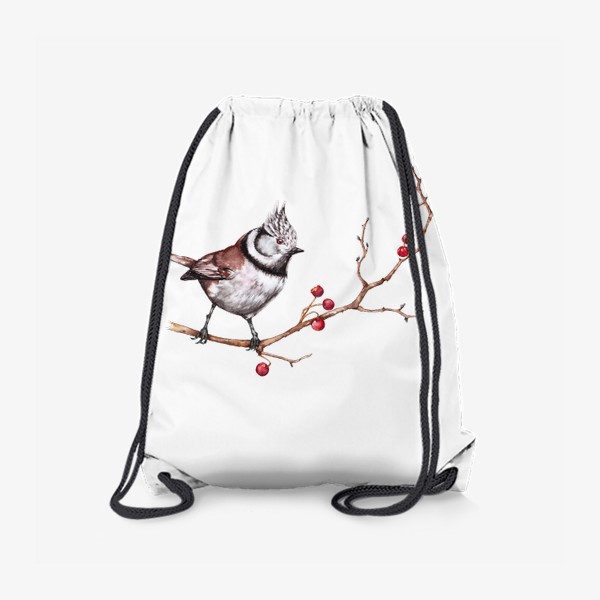 Рюкзак «Лесная птичка на ветке с красными ягодами Зимний мотив Акварель»