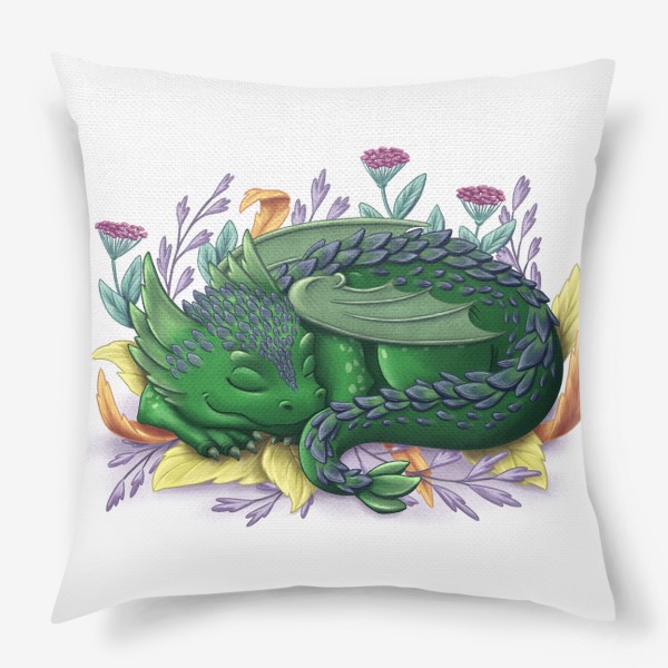 Подушка «Зеленый дракон спит в листьях»