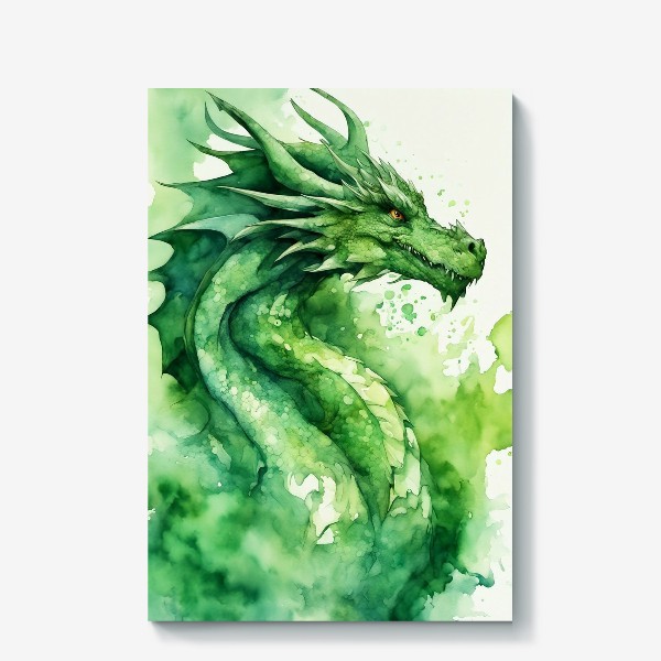 Холст «Зеленый акварельный дракон, 2024 год»