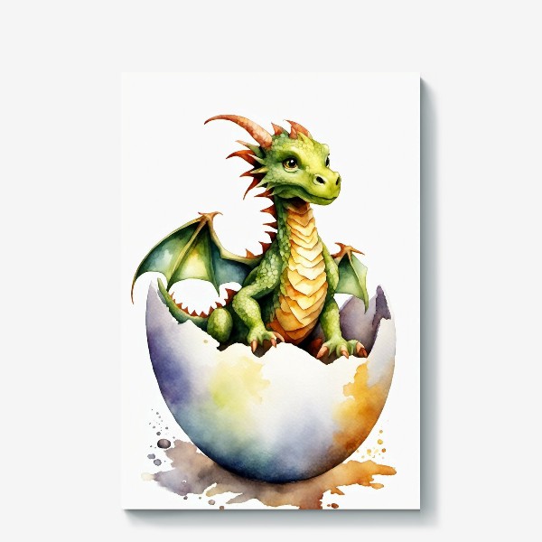 Холст «Новорожденный зеленый дракон вылезает из яйца, 2024 новый год»