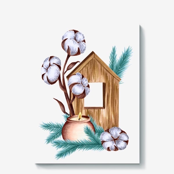 Холст «Деревянный домик со свечой, хлопком и еловыми ветками»