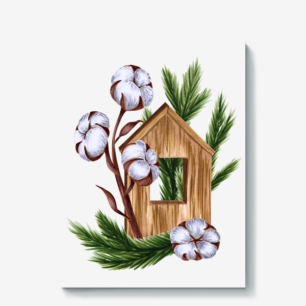 Холст «Деревянный домик с хлопком и еловыми ветками»