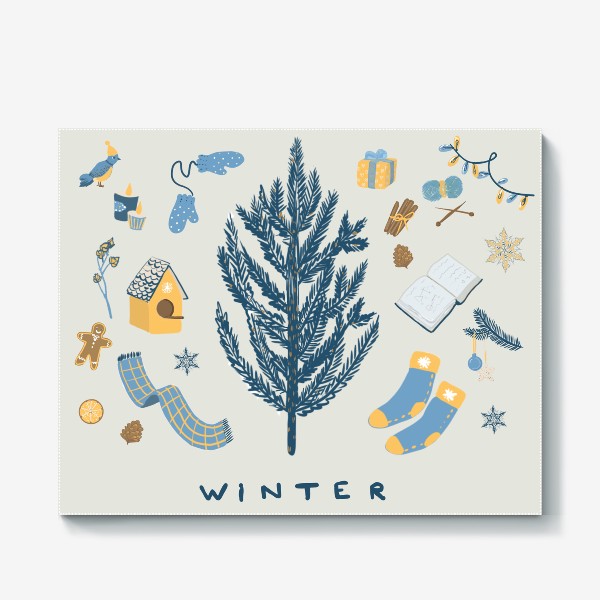 Холст «Зима, зимние праздники, елка, уютный дом.»