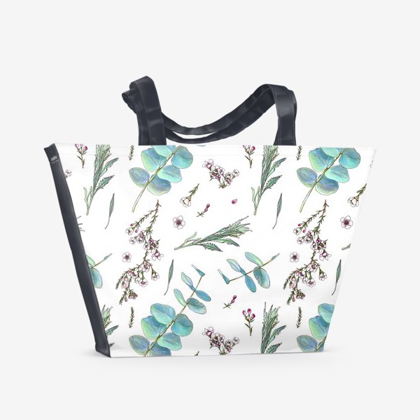 Пляжная сумка «Нежный паттерн с эвкалиптами и цветами»