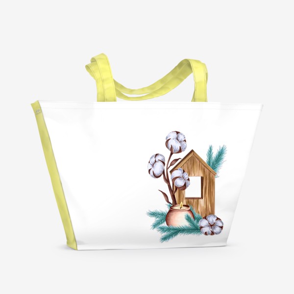 Пляжная сумка «Деревянный домик со свечой, хлопком и еловыми ветками»