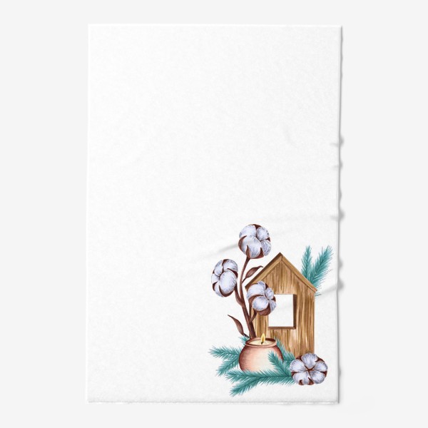 Полотенце «Деревянный домик со свечой, хлопком и еловыми ветками»