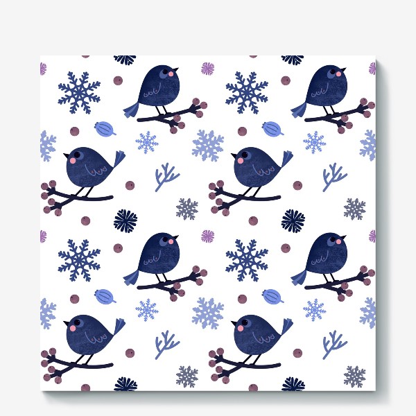 Холст «Птицы и снежинки Новогодний зимний принт с птицами ягодами и снежинками»