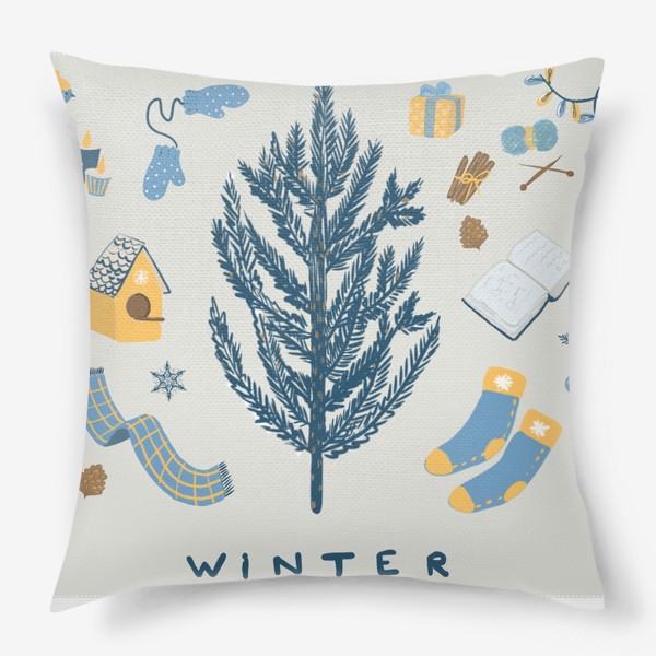 Подушка «Зима, зимние праздники, елка, уютный дом.»