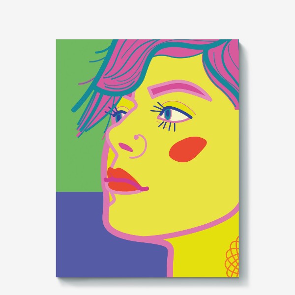 Холст «Яркий портрет крупным планом в стиле поп-арт, изображающий женское лицо с ярким макияжем и пирсингом в носу»