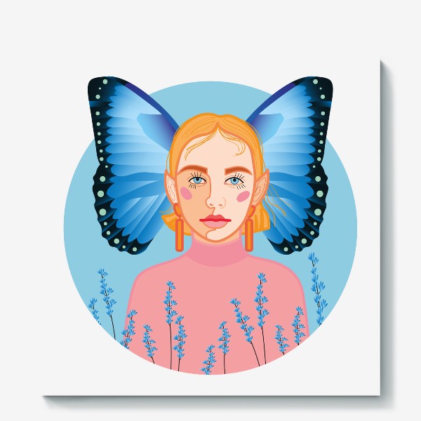Холст «Сказочная фея с крыльями бабочки за спиной на фоне голубого неба, окруженная маленькими фиолетовыми полевыми цветами»