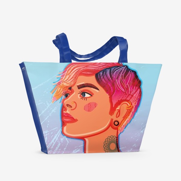 Пляжная сумка «Яркий женский портрет с изображением красивой загорелой девушки с короткой яркой стрижкой»