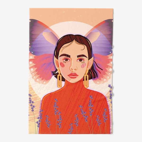 Полотенце «Девушка с заостренными ушками, похожая на волшебную фею, с крыльями бабочки за спиной на фоне огромной луны»