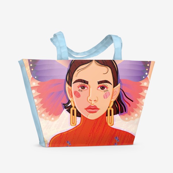 Пляжная сумка «Девушка с заостренными ушками, похожая на волшебную фею, с крыльями бабочки за спиной на фоне огромной луны»